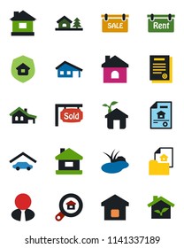 Color and black flat icon set - house vector, pond, contract, with garage, tree, estate document, sale, rent, sold signboard, search, agent, smart home, insurance, eco