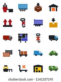 Color and black flat icon set - truck trailer vector, cargo container, car delivery, sea port, consolidated, up side sign, no trolley, hook, warehouse, package, moving