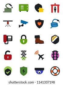 Color and black flat icon set - plane radar vector, security gate, safe, boot, hose, heart shield, traffic light, protect, lock, intercome, home, surveillance, sprinkler, crisis management