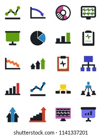 Color and black flat icon set - growth statistic vector, circle chart, monitor pulse, clipboard, presentation board, bar graph, pie, point, hierarchy, arrow up, crisis