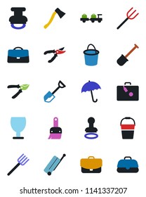 Color and black flat icon set - suitcase vector, umbrella, stamp, baggage larry, shovel, farm fork, bucket, pruner, axe, fragile, themes, case