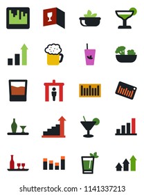 Color and black flat icon set - security gate vector, growth statistic, barcode, equalizer, scanner, bar graph, alcohol, wine card, drink, cocktail, phyto, beer, salad, arrow up