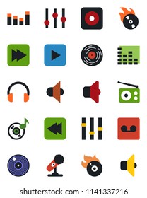 Color and black flat icon set - vinyl vector, flame disk, microphone, radio, speaker, settings, equalizer, headphones, play button, fast forward, rewind, rec, record, music, sound