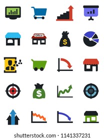 Color and black flat icon set - shop vector, growth statistic, money bag, crisis graph, store, monitor statistics, pie, hr, target, arrow up, cart, presentation, storefront