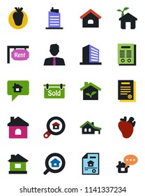 Color and black flat icon set - office building vector, house, real heart, contract, with garage, estate document, rent, sold signboard, search, agent, city, eco, home message
