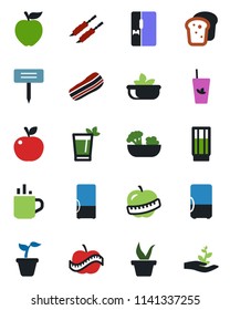 Color and black flat icon set - hot cup vector, seedling, plant label, diet, fridge, drink, phyto bar, salad, bacon, bread, kebab, apple fruit, palm sproute