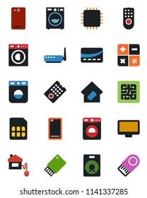 Color and black flat icon set - washer vector, calculator, monitor, speaker, phone back, sim, smart home, credit card, control, chip, remote, router, usb flash