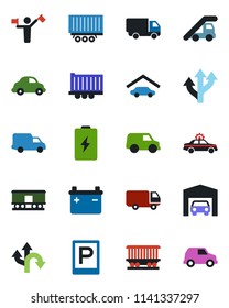 Color and black flat icon set - dispatcher vector, parking, alarm car, ladder, route, railroad, truck trailer, delivery, garage, battery