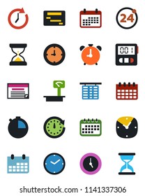 Color and black flat icon set - 24 around vector, alarm clock, flight table, calendar, heavy scales, stopwatch, schedule, sand