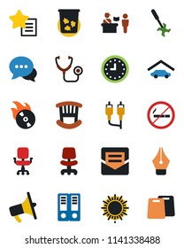 Color and black flat icon set - passport control vector, no smoking, trash bin, sun, office chair, binder, ripper, stethoscope, clock, flame disk, loudspeaker, dialog, favorites list, rca, mail