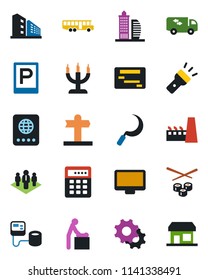 Color and black flat icon set - airport bus vector, parking, baby room, passport, sickle, blood pressure, signpost, monitor, settings, torch, company, office building, moving, factory, candle, sushi