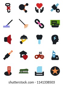 Color and black flat icon set - brainstorm vector, rake, plant label, heart hand, implant, satellite, no hook, gamepad, radio phone, share, chain, jack connector, news, paper tray, stapler, waiter