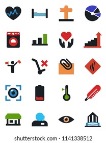 Color and black flat icon set - dispatcher vector, washer, growth statistic, heart pulse, thermometer, hand, eye, signpost, store, no trolley, low battery, paper clip, bar graph, pie, support, scan
