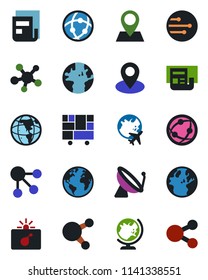 Color and black flat icon set - satellite antenna vector, bomb in case, globe, plane, earth, pin, consolidated cargo, network, share, news, social media