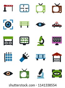 Color and black flat icon set - barrier vector, tv, alarm car, seat map, bench, monitor pulse, microscope, eye, torch, plan, alcove, scan