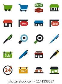 Color and black flat icon set - 24 around vector, pen, store, search cargo, sale, sold signboard, cafe building, open close, cart, storefront