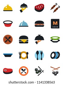 Color and black flat icon set - spoon and fork vector, dish, cafe, menu, plates, waiter, steak, kebab, hamburger, bowl, sushi