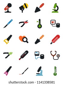 Color and black flat icon set - trowel vector, pruner, saw, stethoscope, blood pressure, thermometer, heart diagnostic, microscope, scalpel, microphone