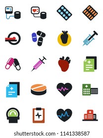 Color and black flat icon set - heart pulse vector, diagnosis, syringe, blood pressure, pills, blister, tomography, real, clipboard, hospital