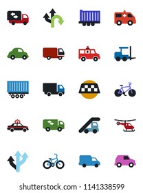 Color and black flat icon set - taxi vector, alarm car, fork loader, ladder, helicopter, ambulance, bike, route, truck trailer, delivery, moving