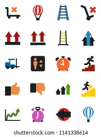 Color and black flat icon set - elevator vector, alarm clock, left arrow, fork loader, ladder, up side sign, no trolley, finger, down, career, graph, growth, air balloon