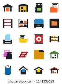 Color and black flat icon set - luggage storage vector, warehouse, oil barrel, rack, sd, folder, document, paper tray, archive box