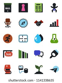 Color and black flat icon set - female vector, baby, office chair, sproute, water drop, blood pressure, run, sorting, dialog, hdmi, compass, bar graph, handshake, contract, book, mailbox, plan