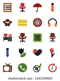 Color and black flat icon set - phone vector, office chair, desk, tie, stamp, fence, umbrella, tulip, headphones, heart, music, abacus, tv, dress code, chip, clock