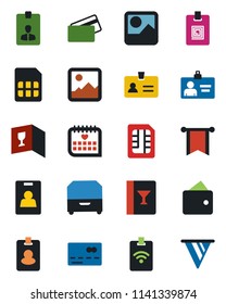 Color and black flat icon set - credit card vector, identity, medical calendar, gallery, sim, archive box, wine, pass, wallet, pennon