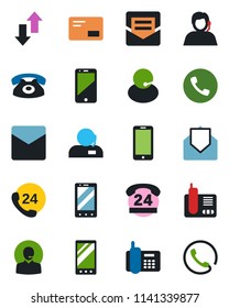 Color and black flat icon set - phone vector, mobile, office, 24 hours, support, cell, radio, mail, data exchange