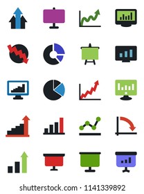 Color and black flat icon set - growth statistic vector, presentation board, crisis graph, monitor, circle chart, statistics, bar, pie, point, arrow up