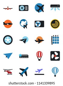 Color and black flat icon set - plane vector, departure, radar, helicopter, seat map, globe, air conditioner, fan, paper, balloon