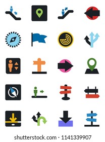 Color and black flat icon set - elevator vector, escalator, signpost, right arrow, left, radar, route, pin, download, place tag, compass, flag, guidepost