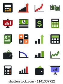 Color and black flat icon set - growth statistic vector, calculator, receipt, bar graph, wallet, crisis, cash, presentation