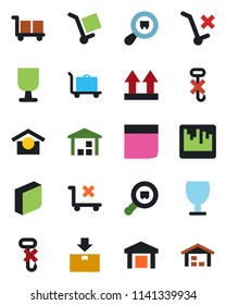 Color and black flat icon set - baggage trolley vector, fragile, cargo, warehouse storage, up side sign, no, hook, package, search, scanner, blank box