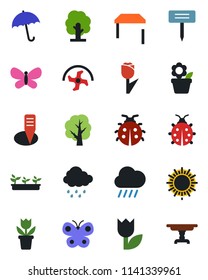 Color and black flat icon set - umbrella vector, sun, flower in pot, ripper, tree, butterfly, lady bug, seedling, rain, plant label, tulip, table