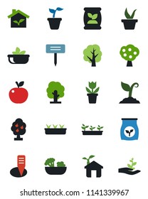 Color and black flat icon set - flower in pot vector, seedling, tree, sproute, plant label, fertilizer, fruit, salad, apple, eco house, palm