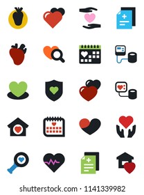 Color and black flat icon set - heart vector, pulse, diagnosis, blood pressure, diagnostic, shield, hand, real, medical calendar, sweet home