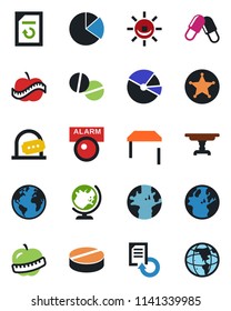 Color and black flat icon set - ticket office vector, globe, document reload, pills, diet, earth, pie graph, table, police, alarm led