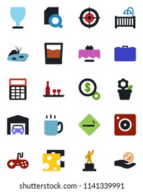 Color and black flat icon set - smoking place vector, case, pedestal, flower in pot, fragile, gamepad, mobile camera, coffee, document search, calculator, target, pond, garage, children room, drink
