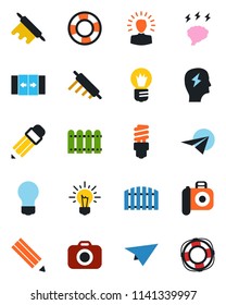 Color and black flat icon set - automatic door vector, brainstorm, bulb, camera, pencil, fence, rolling pin, energy saving, shining head, idea, paper plane, crisis management