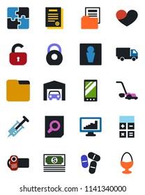 Color and black flat icon set - male vector, calculator, document search, lawn mower, syringe, pills, cash, car delivery, heavy, video camera, heart, mobile, folder, application, monitor statistics