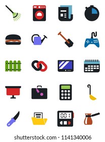 Color and black flat icon set - suitcase vector, washer, presentation board, job, rake, watering can, garden knife, term, news, gamepad, tv, chain, stopwatch, document folder, calculator, fence