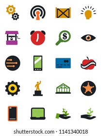 Color and black flat icon set - credit card vector, gear, pedestal, well, greenhouse, eye, diet, container, mobile, phone back, alarm, network, notebook pc, wireless, police, palm sproute