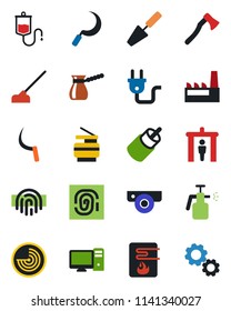 Color and black flat icon set - security gate vector, radar, trowel, hoe, sickle, axe, garden sprayer, dropper, rca, fingerprint id, copier, factory, turkish coffee, power plug, water heater, pc