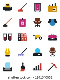 Color and black flat icon set - office chair vector, case, rake, wheelbarrow, hoe, blood test vial, group, themes, bar graph, identity card, ink pen, support, paper binder, printer, tray, mail