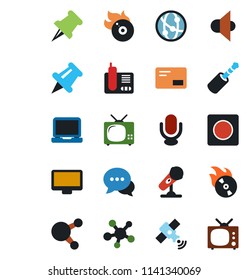 Color and black flat icon set - flame disk vector, microphone, satellite, speaker, network, dialog, monitor, laptop pc, radio phone, share, paper pin, mail, jack connector, record, tv