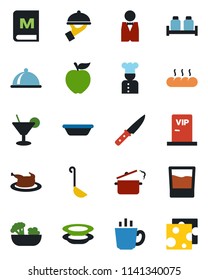 Color and black flat icon set - waiter vector, cook, dish, menu, drink, cocktail, coffee, salad, plates, salt and pepper, bread, vip zone, chicken, ladle, bowl, knife, steaming pan, apple fruit