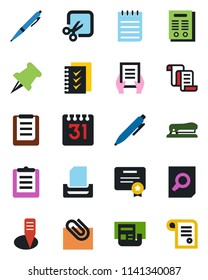 Color and black flat icon set - contract vector, document search, pen, notepad, plant label, clipboard, paper pin, calendar, cut, clip, news, checklist, tray, stapler, certificate