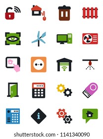 Color and black flat icon set - home control vector, socket, wireless lock, air conditioner, pc, app, gear, radiator, garage gate, eye scan, trash bin, door, combination, windmill, information